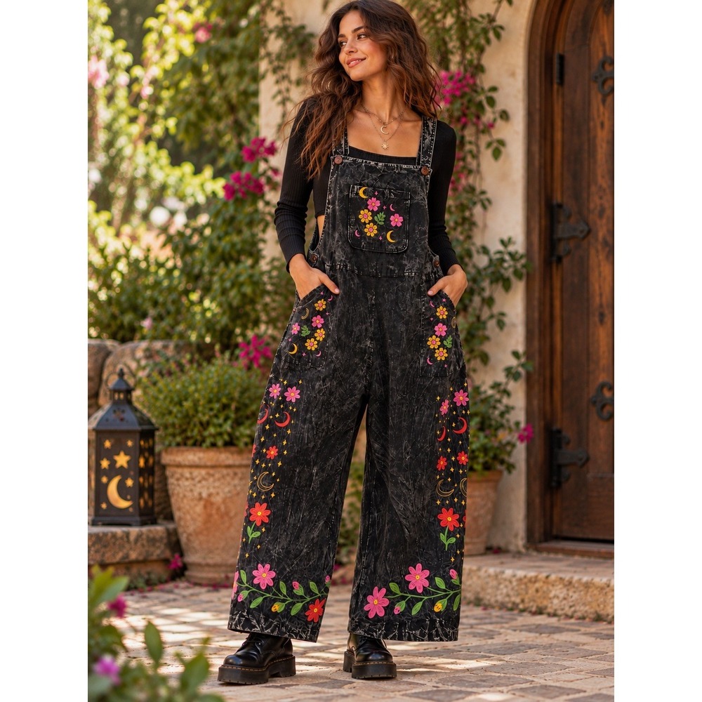 Karma Nepal Crafts Overalls S Black Celestial Floral Whimsigoth Boho Cotton